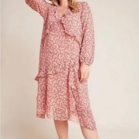 Anthropologie Maeve Pink Floral Ruffle Tiered Tunic Boho Midi Dress - size S - Picture 3 of 10